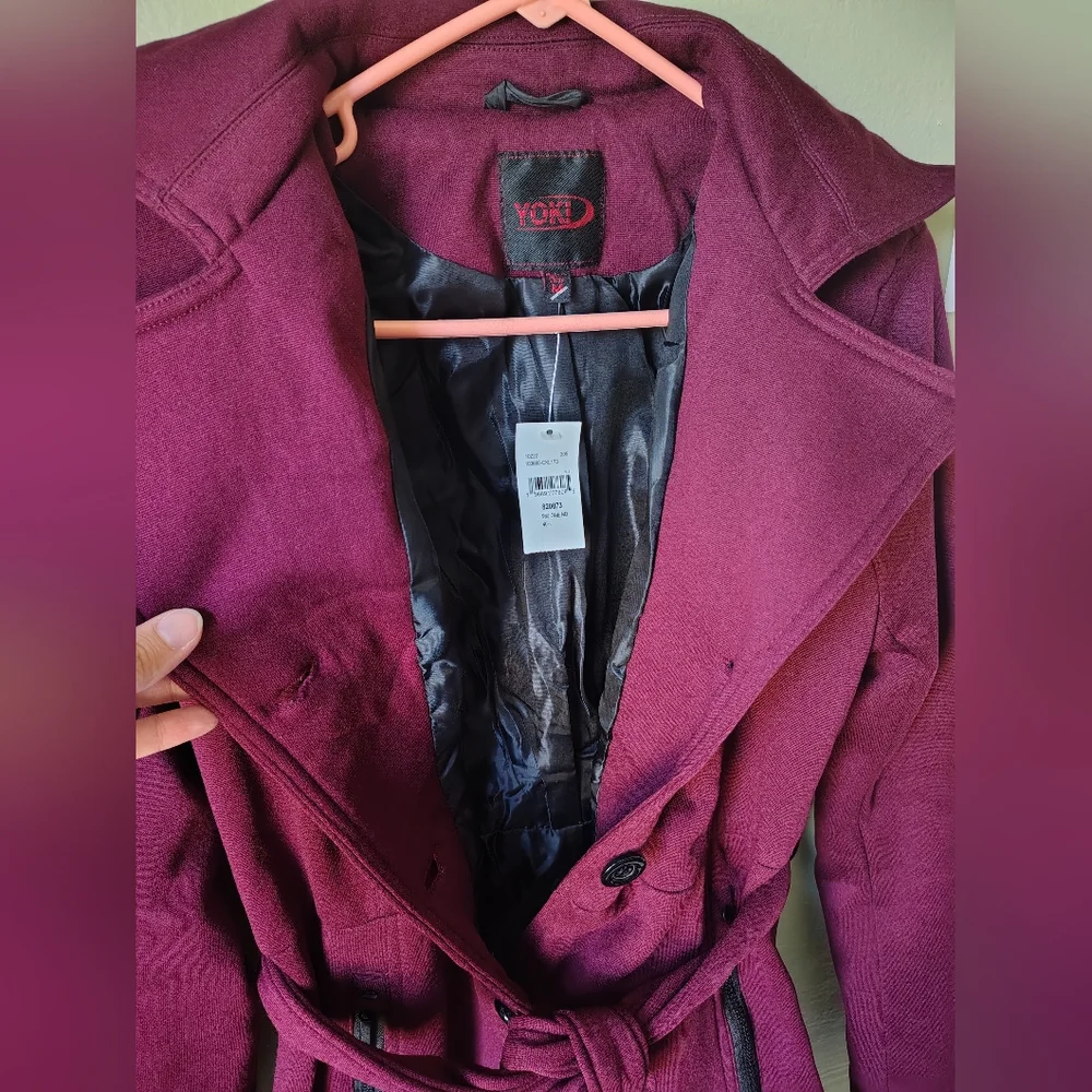 *NWT* Yoki Women's Medium Burgundy Button-up Coat With Tie At Waist - Picture 12 of 13